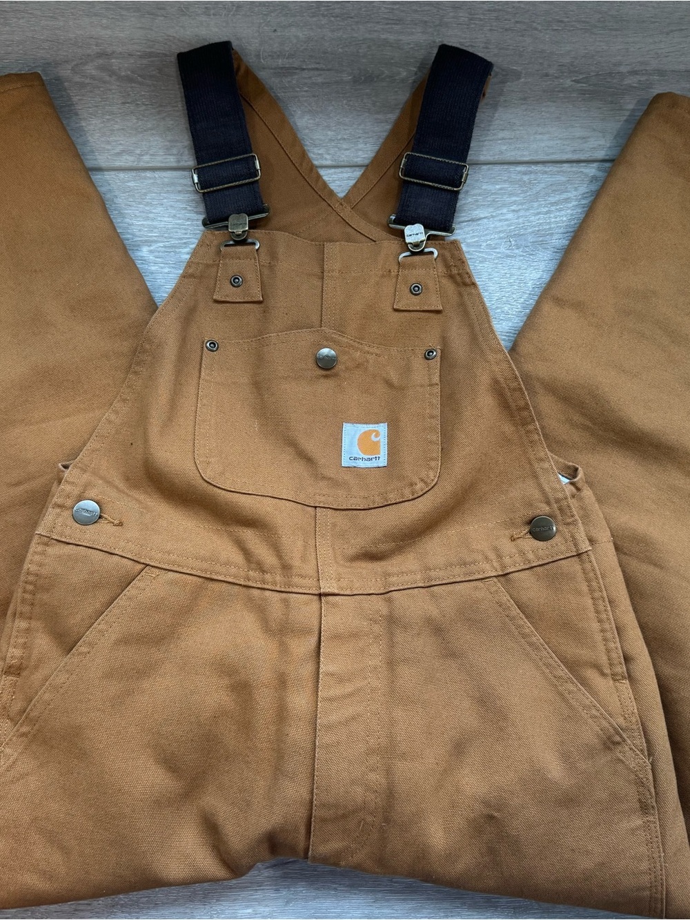 Carhartt Brown Quilt-Lined Duck Canvas Overalls with Black Straps